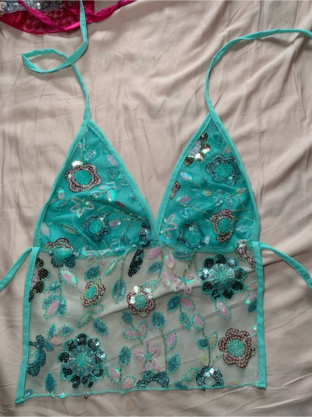 Light blue sheer sequin halter top y2k